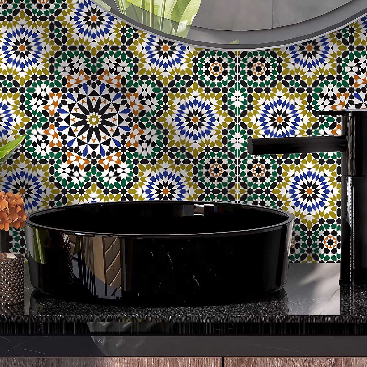 Crédence cuisine adhésive en vinyle modèle VILLA MARRAKECH vert – 200 × 40 cm, design raccordable