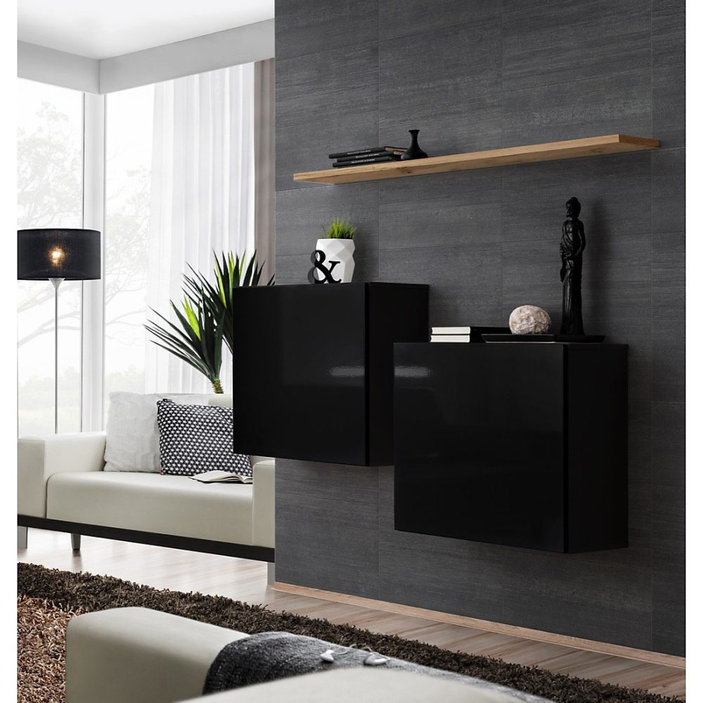 Meuble de salon – Composition murale SWITCH SBI Cubes suspendus et étagère Noir brillant et chene Wotan Design moderne