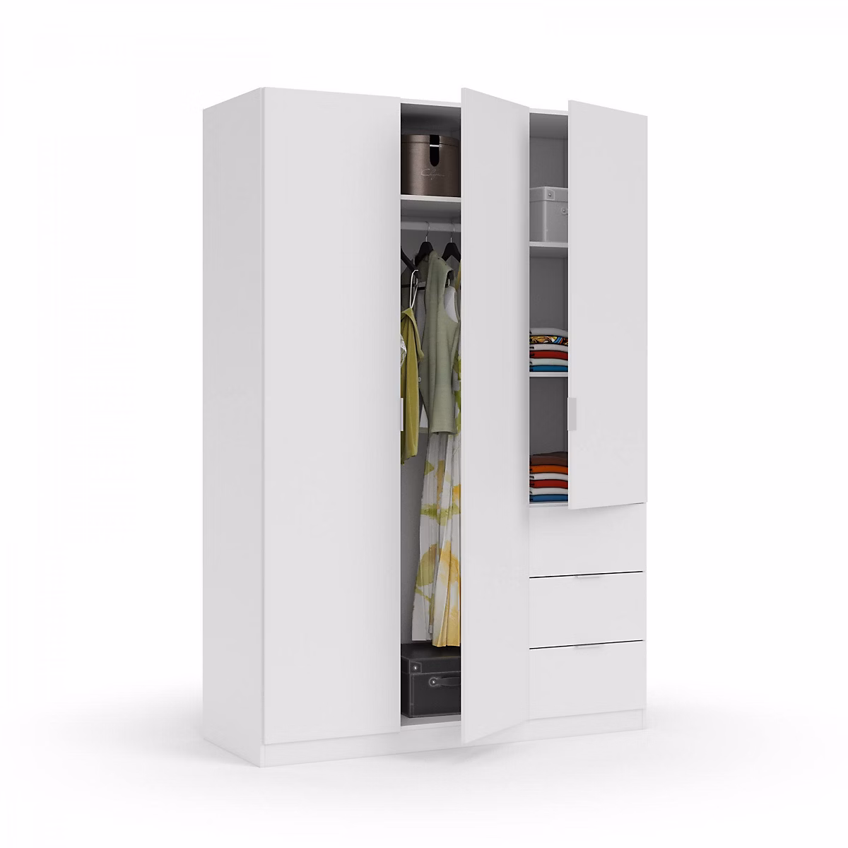 Armoire Fullerton – armoire de chambre à coucher avec 3 portes et 3 tiroirs | armoire avec 3 Etageres | 135x52h200 cm | blanc