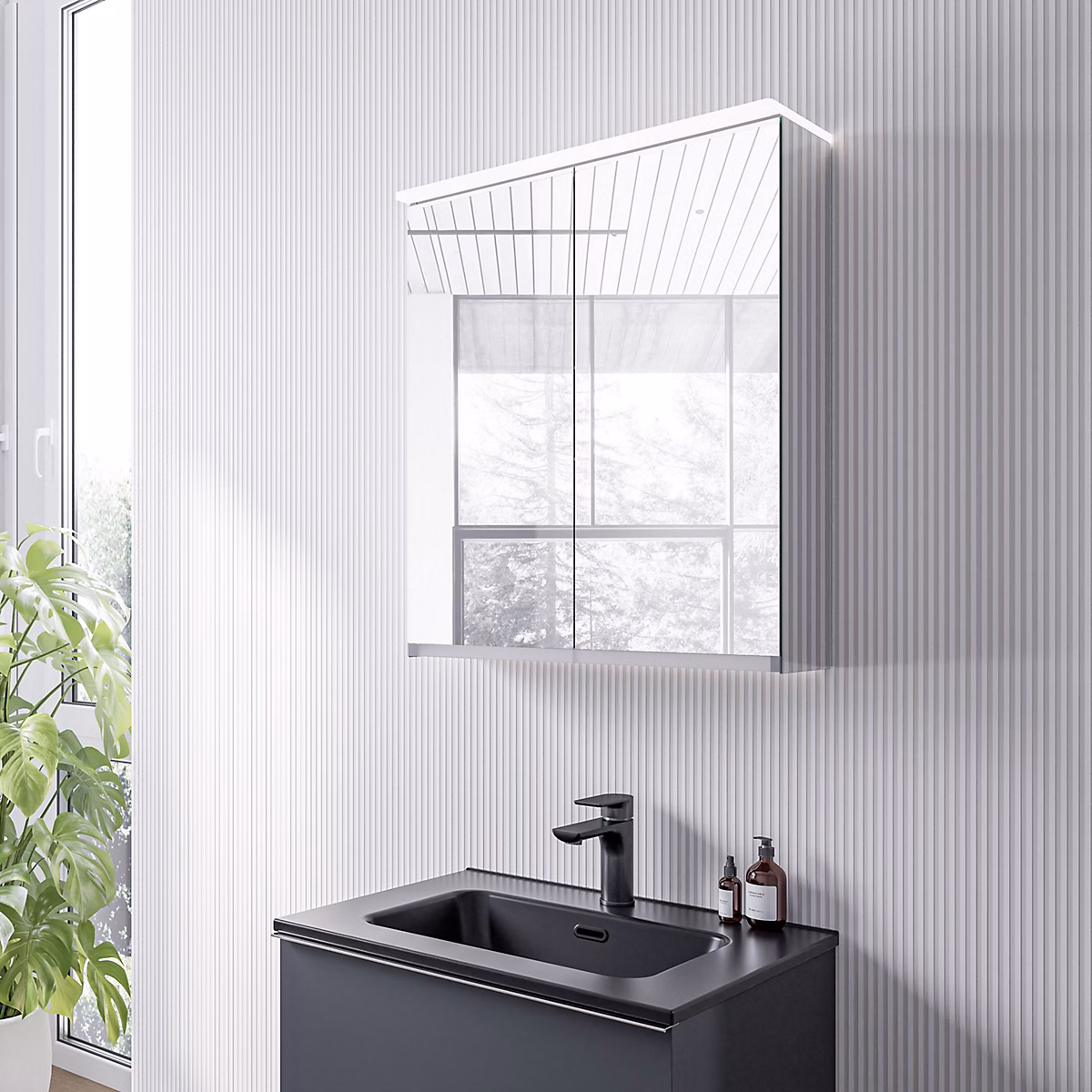 Armoire de toilette MFC 2 portes miroirs – éclairage LED, prise de courant intérieure + 2 tablettes verre, 60 × 71 × 19cm (LxHxP), VARO
