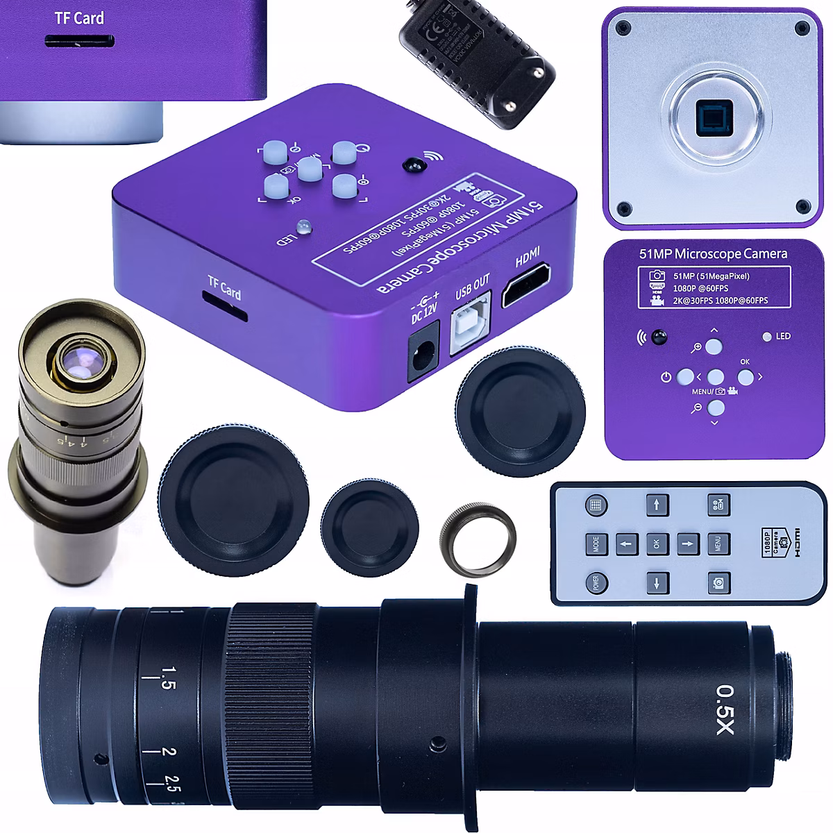 Caméra Microscope Numérique 51MP + Objectif Zoom 180x – HDMI/USB, FullHD/4K, Pour Électronique, Biologie