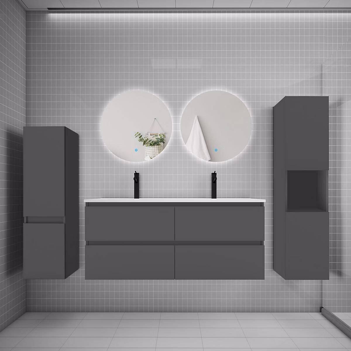 Ensemble meuble anthracite et lavabo L.120cm 4 tiroirs + colonne x2 haut + lavabo + miroir 60 × 60cm x2 – suspendu