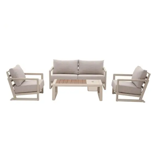 Salon de jardin en aluminium coloris crème et chêne Perth - 4 éléments (canapé, table basse et deux fauteuils)