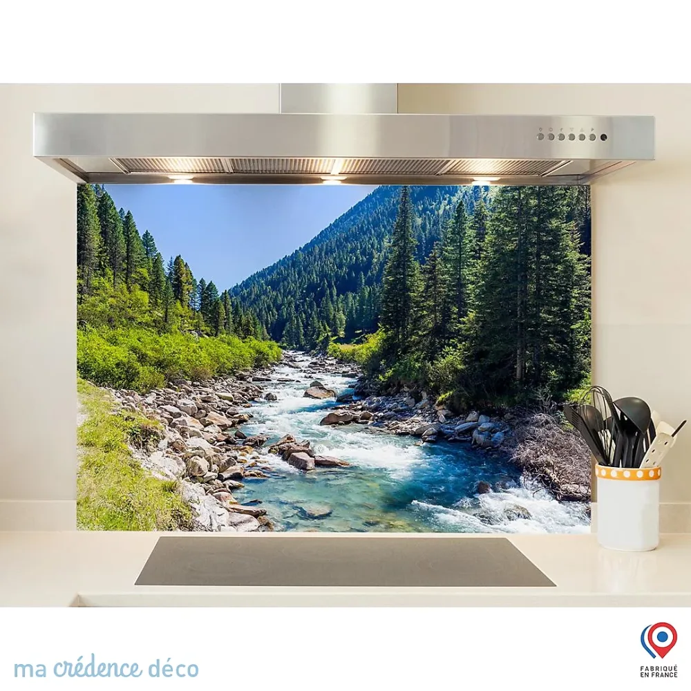 Crédence cuisine fond de hotte Torrent de montagne – Verre trempé, L 70 cm x H 60 cm, MaCrédenceDéco