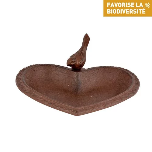 Bain d’oiseau forme cœur en fonte marron 17x14,9x7,8 cm