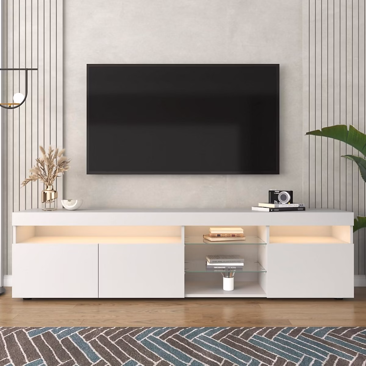 Armoire TV moderne blanche et noire – 6 compartiments | design élégant pour salon et chambre