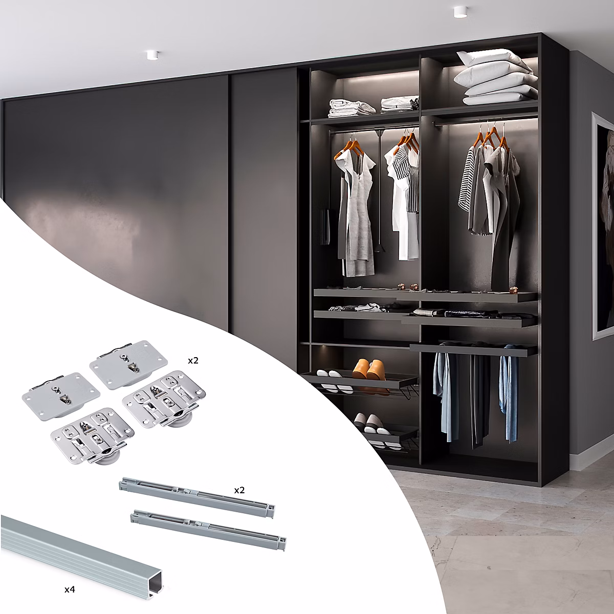 Emuca Kit de ferrures pour Flow 2 portes coulissantes et armoire à fermeture souple avec rails encastrés 2 – 35m, panneaux non