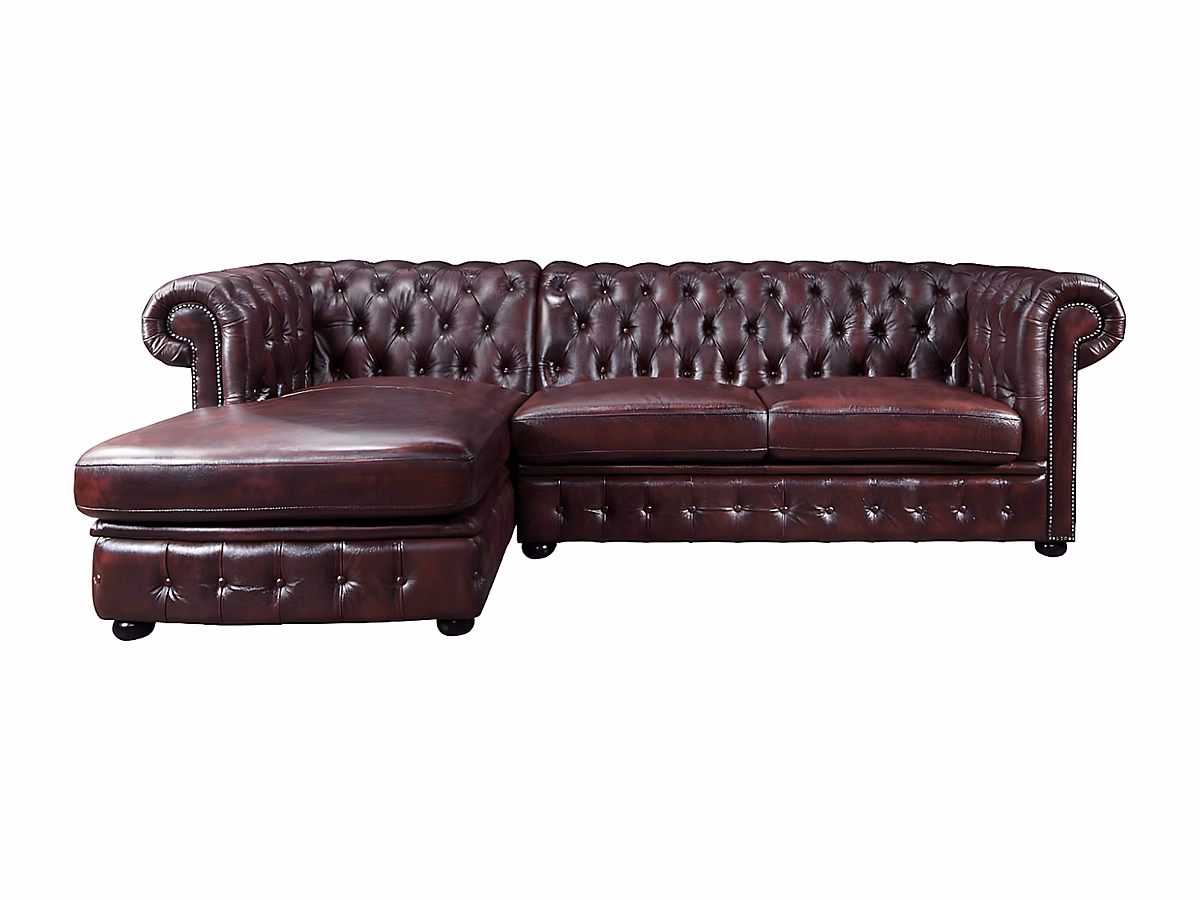 Canapé d'angle chesterfield BRENTON 100% cuir de buffle – Bordeaux, Angle gauche