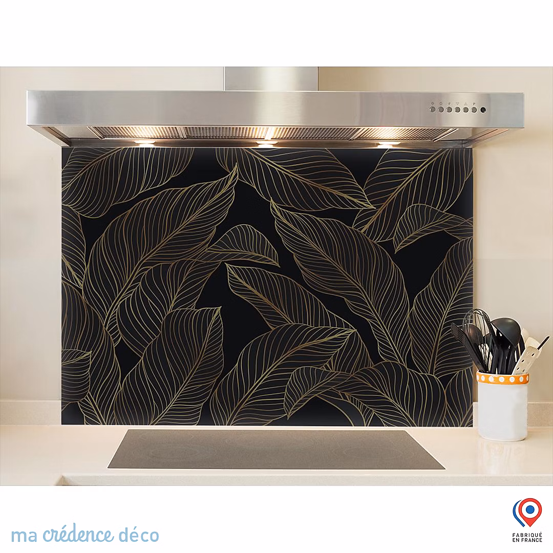 Crédence cuisine fond de hotte feuilles dorées 3 – Verre trempé, L 60 cm x H 45 cm, MaCrédenceDéco