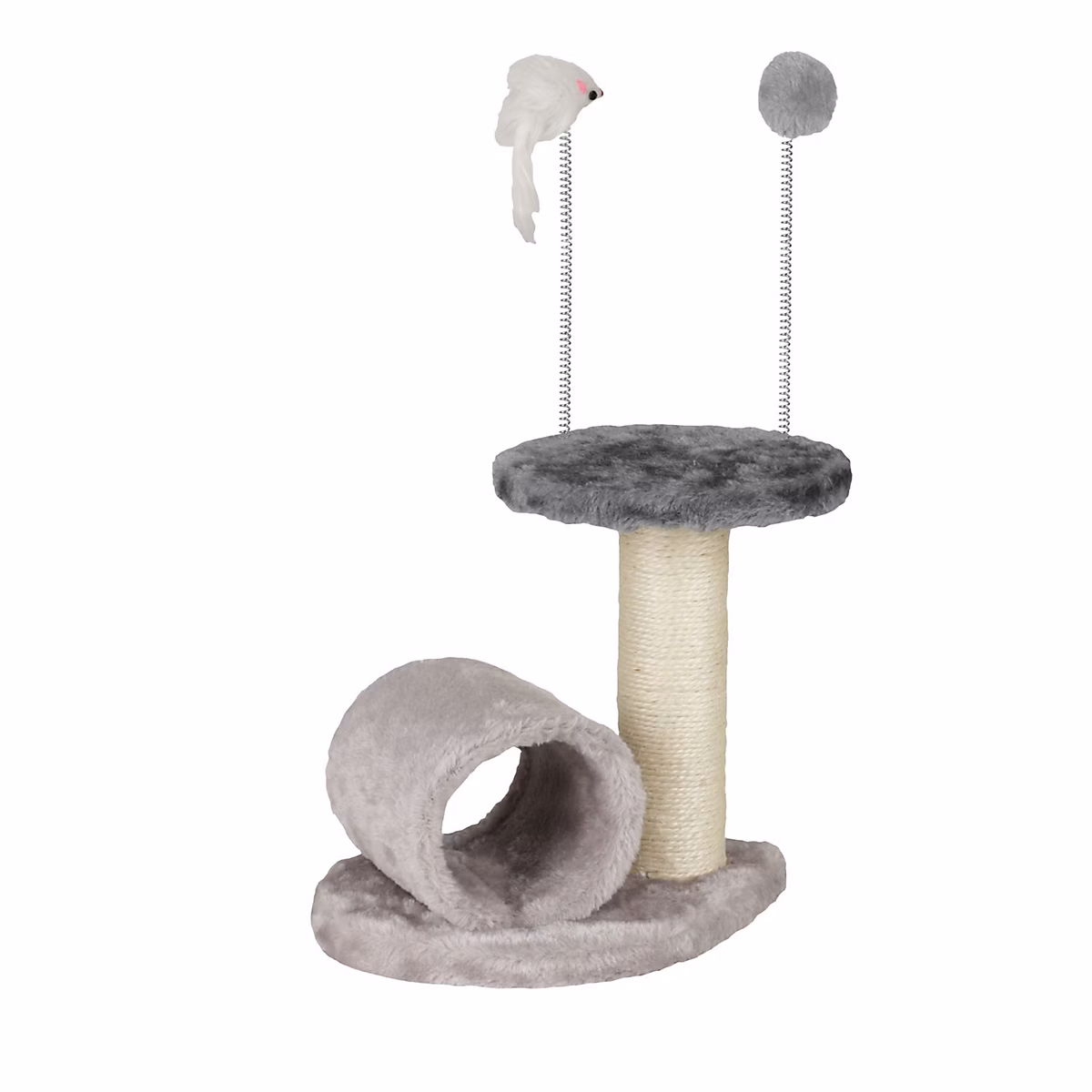 Arbre à chat avec griffoir et jouets sur ressort Gris – L. 25 x l. 20 x H. 42 cm, MIA