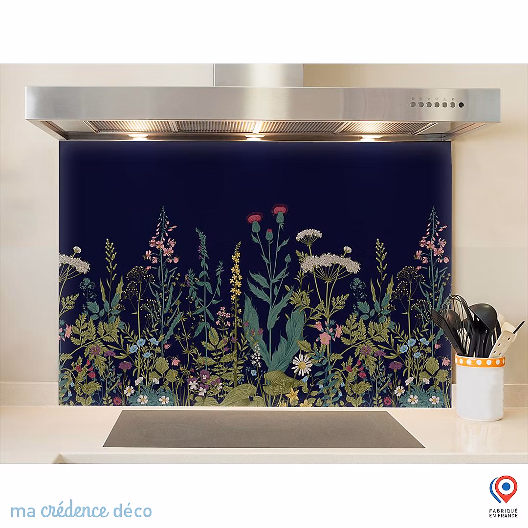 Crédence cuisine fond de hotte fleurs sauvages et colorées noir – Verre trempé | L 90 cm x H 50 cm | MaCrédenceDéco