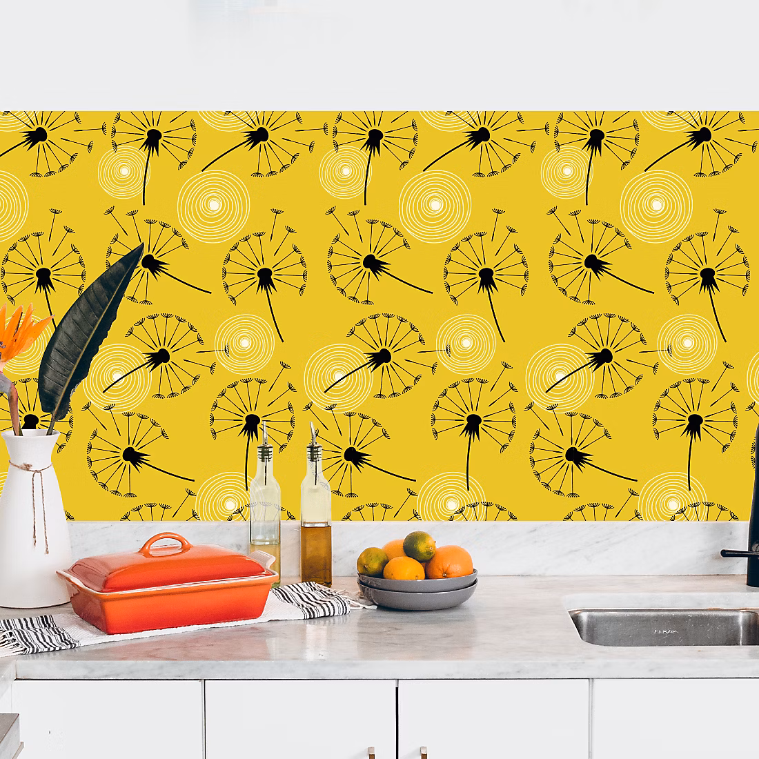 Crédence adhésive pissenlit fond jaune 60 × 400 cm