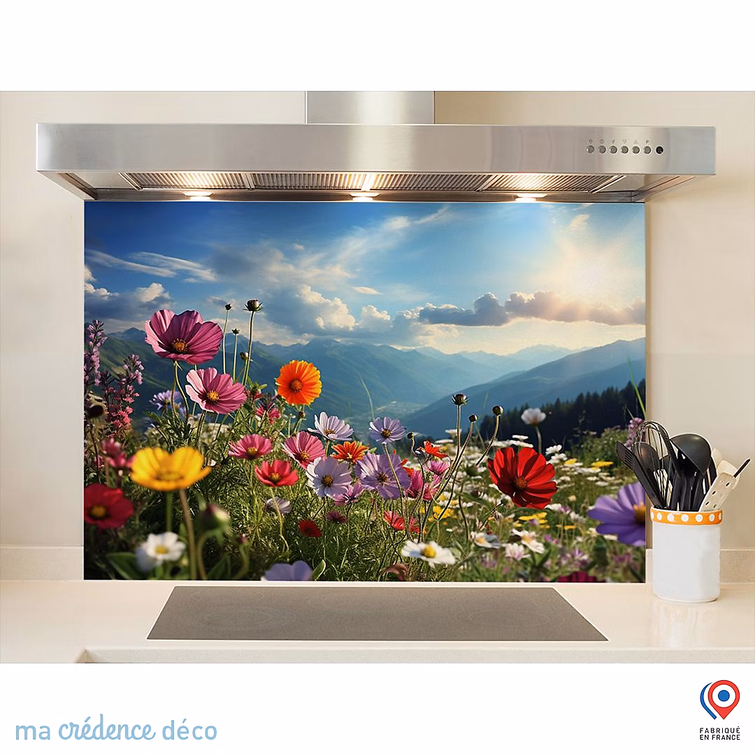 Crédence cuisine fond de hotte fleurs et montagnes – Verre trempé, L 70 cm x H 60 cm, MaCrédenceDéco