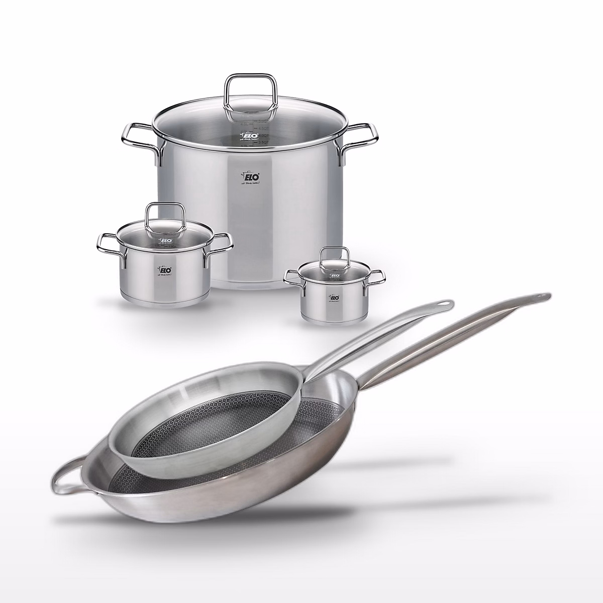 Batterie de cuisine avec 2 poêles 28/32 cm et 3 faitouts 12/16/26 cm en inox et sans PFAS Elo Collection Relief Solution Citrin – Réf. EULXOSFDK6234026434