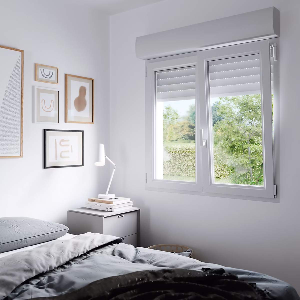 Fenêtre PVC 2 vantaux oscillo-battant + volet roulant électrique GoodHome blanc – l.140 x h.95 cm