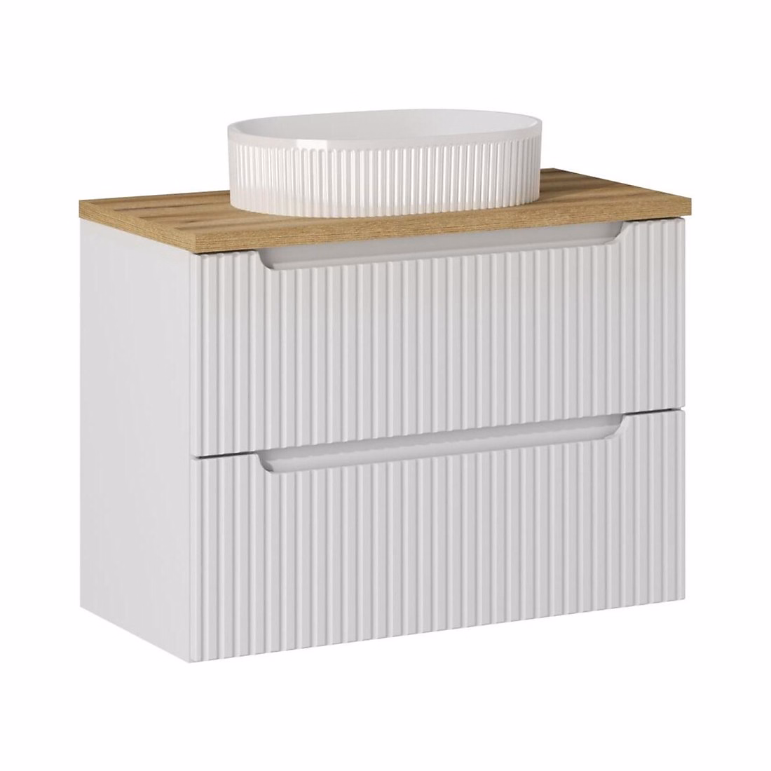 Ensemble de salle de bain VANO blanc 80cm : meuble sous vasque à tiroirs et plan pour vasque et vasque à poser rainurée blanche – Réf. QRBCBWBRN6489346039