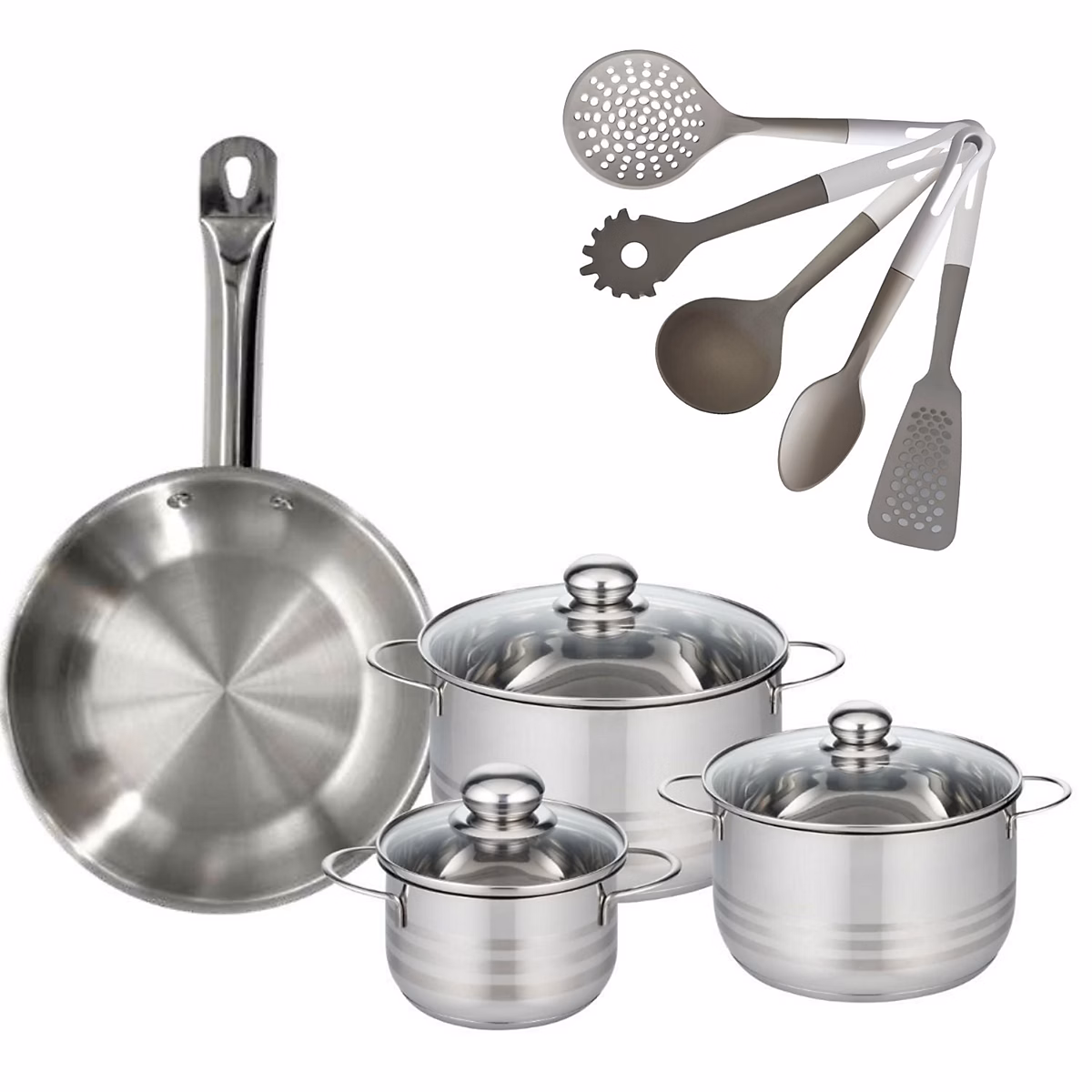 Batterie de cuisine avec 3 faitouts 16/20/24 cm et 1 poêle 28 cm avec 5 ustensiles de cuisine Fackelmann Etherna Brillant Vario – Réf. YEUZUHFYV0691870875