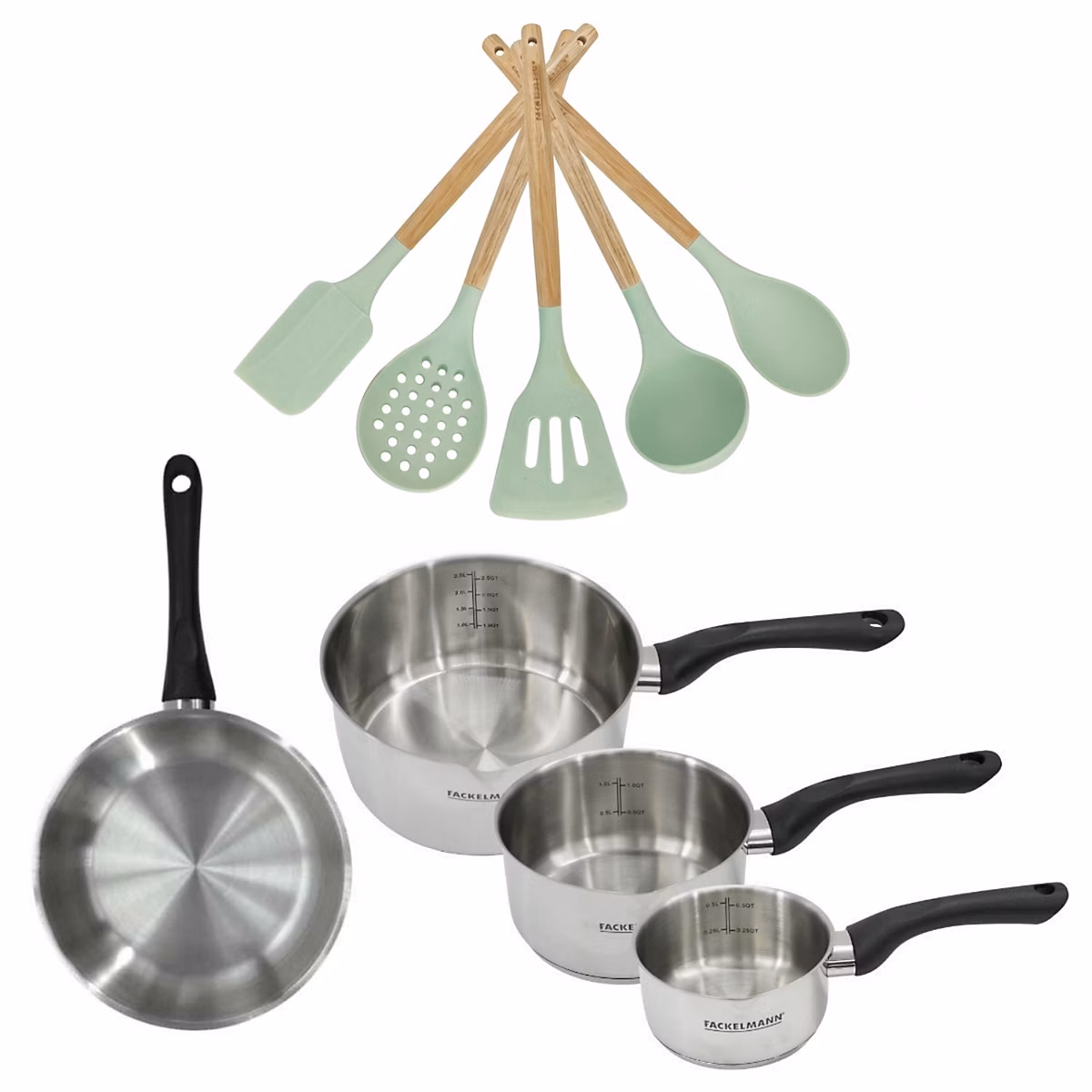 Matériel de cuisson – Batterie de cuisine avec 3 casseroles 12/16/20 cm et 1 poêle 20 cm avec 5 ustensiles de cuisine sans PFAS Fackelmann Généva Océan