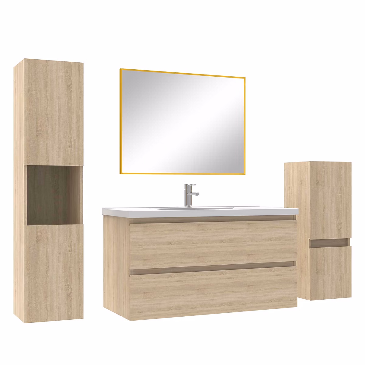 Ensemble meubles Salle de Bain 100cm simple vasque + colonne + miroir mural Chêne Wotan – Réf. NERHRYDQI4255219864