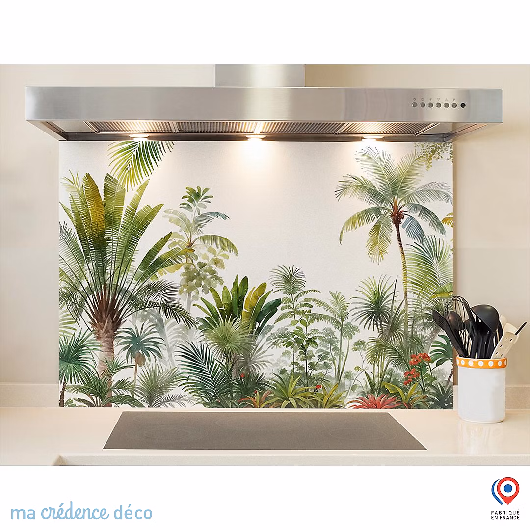 Crédence cuisine fond de hotte fresque tropicale et palmiers | Aquarelle – Verre trempé – L 90 cm x H 70 cm – MaCrédenceDéco