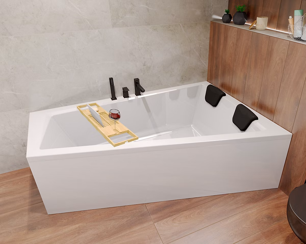 Baignoire asymétrique 170 × 125 Droite INTIMA acrylique blanc – sans Habillage + Étagère bambou + Pieds + Vidage à chromé