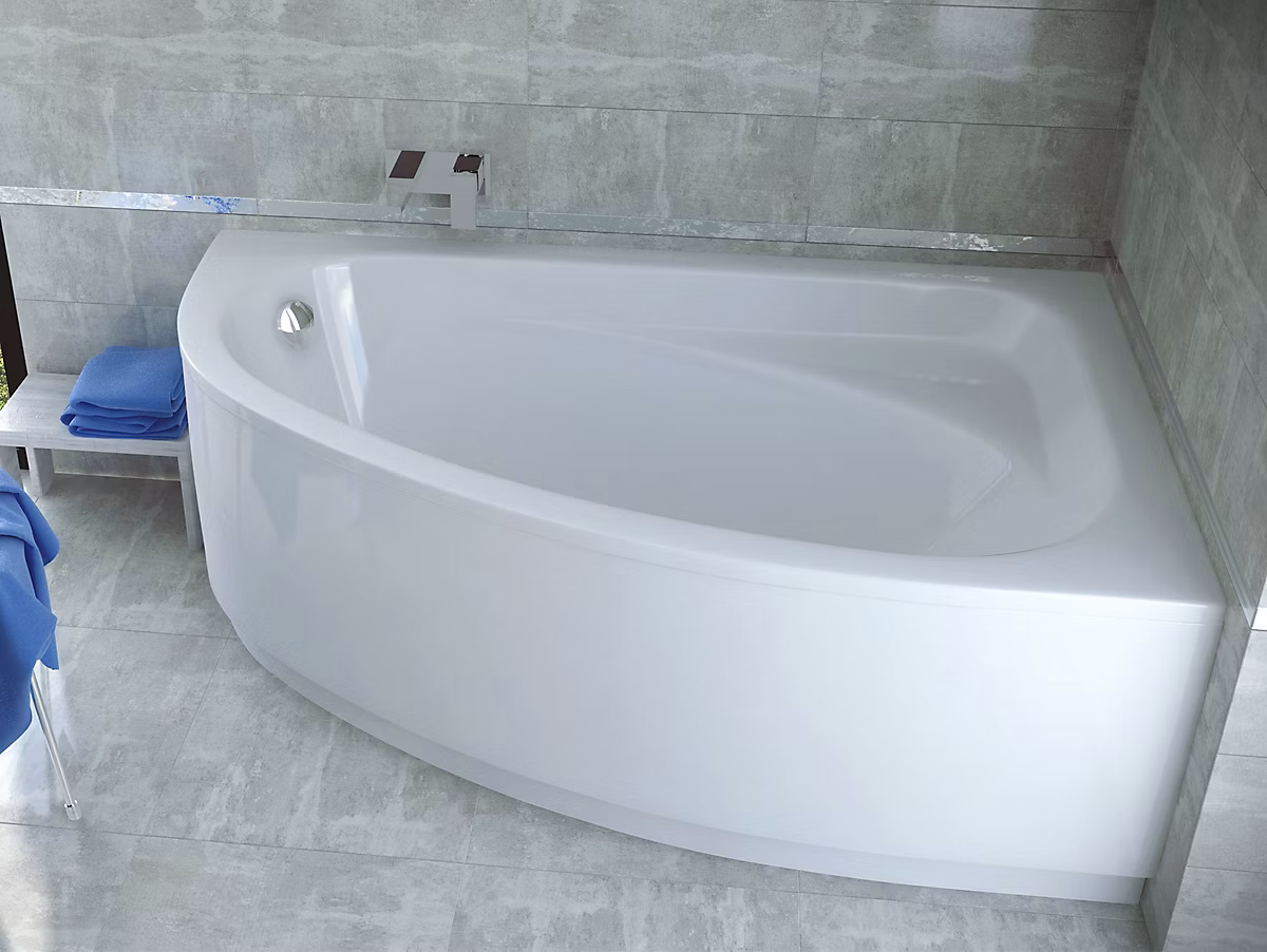 Baignoire asymétrique 150 x 100 Droite CORNEA acrylique blanc + avec Tablier + Pieds + Vidage à chromé | Baignoire