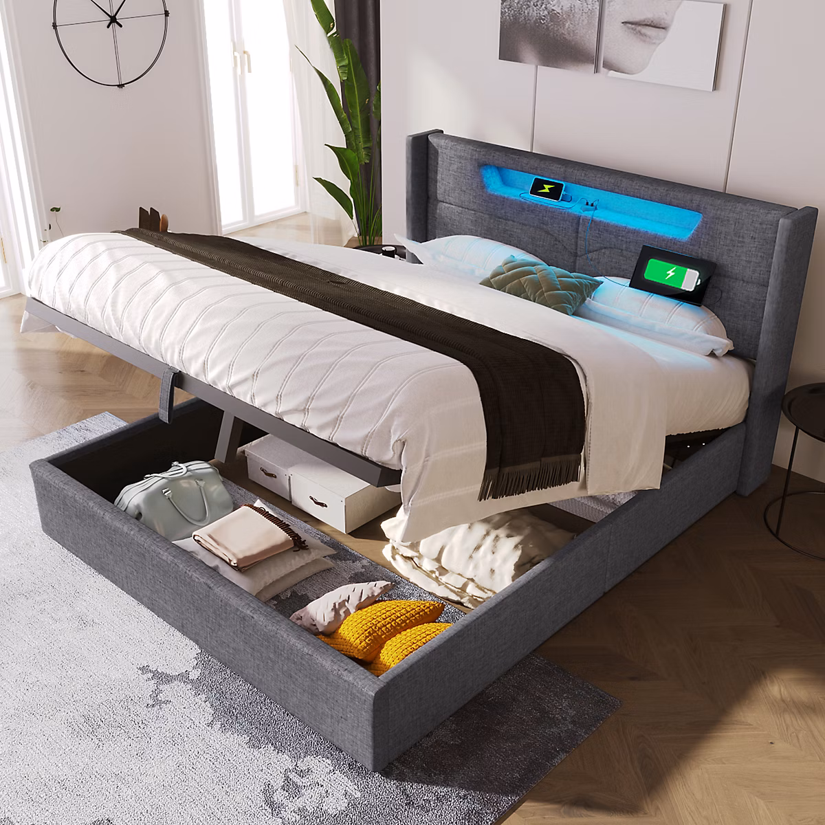 Canape lit 160 × 200 cm avec eclairage LED integre station de charge USB C et coffre de rangement en lin gris