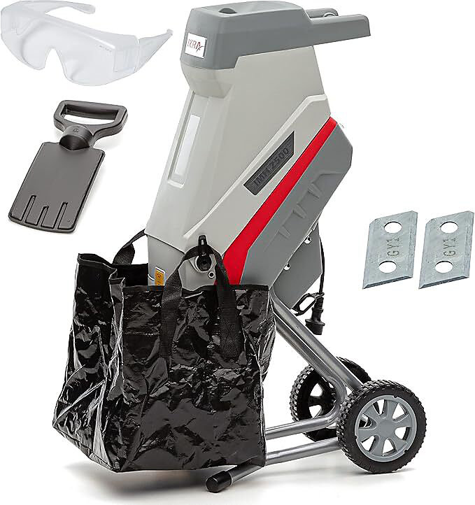 Broyeur de végétaux électrique 2500W avec sac de récupération – lunettes de sécurité et 2 lames réversibles incluses
