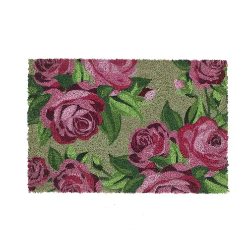 Paillasson en fibre de coco motif floral rose et vert - 60 x 40 cm