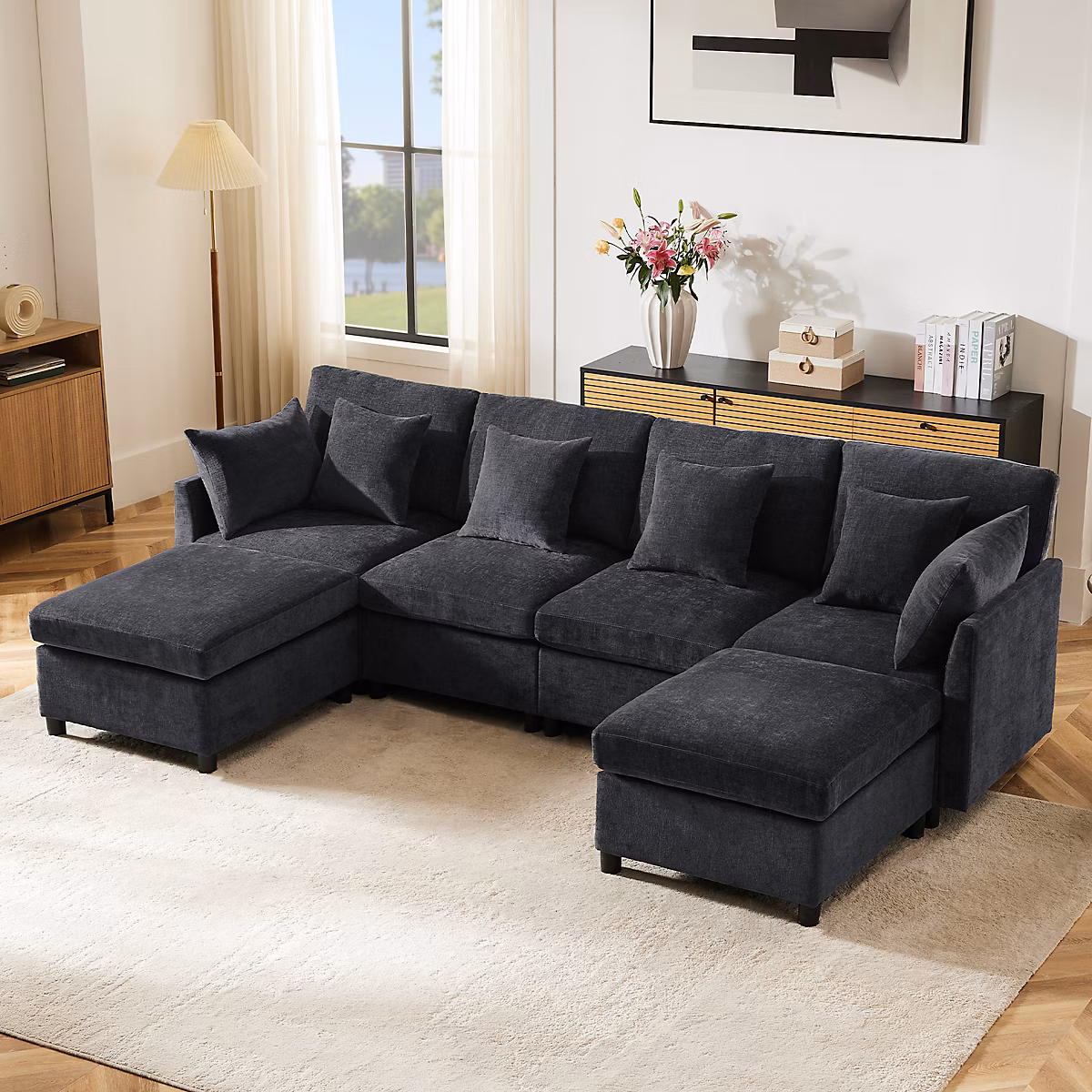 Canapé modulaire en U/L – 2 poufs, 6 coussins, tissu chenille, pour salon/appartement
