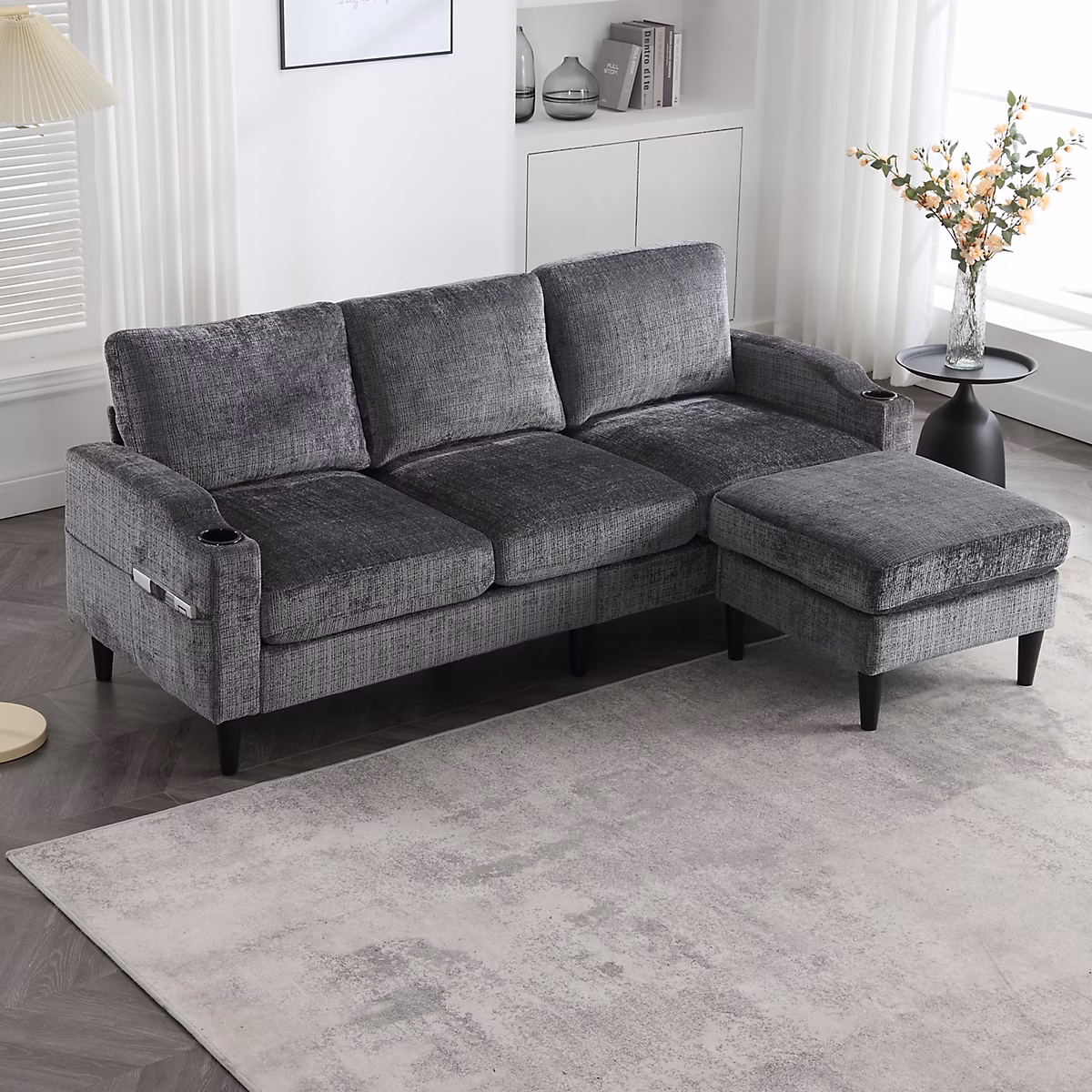 Canapé 4 places velours côtelé Gris clair avec repose – pieds, rangement et accoudoirs confortables