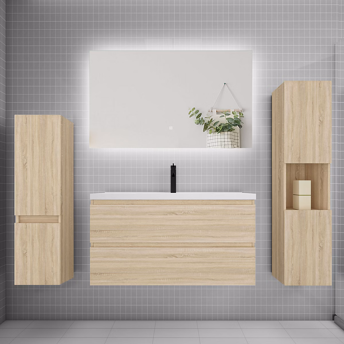 Ensemble meuble chêne et lavabo L.100cm 2 tiroirs + colonne x2 haut + lavabo + miroir 80 × 60cm – suspendu