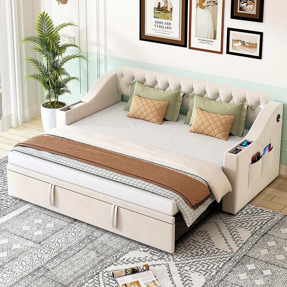 Canapé | lit velours – 90 × 180 × 190cm – beige – accoudoirs larges USB/rangement/sommier lattes