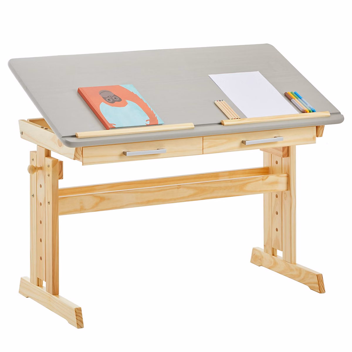 Bureau enfant OLIVIA – en bois massif, réglable en hauteur et inclinable, vernis et lasuré gris