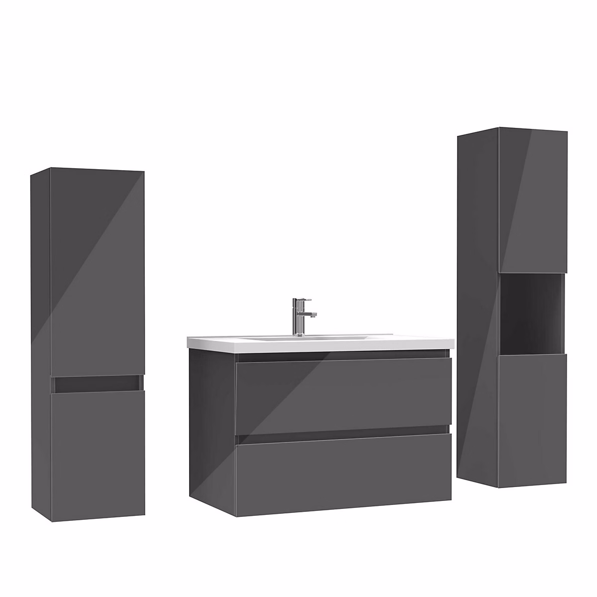 Ensemble meuble salle de bain 80 cm anthracite brillant avec 2 tiroirs – lavabo céramique simple + deux colonnes, suspendu