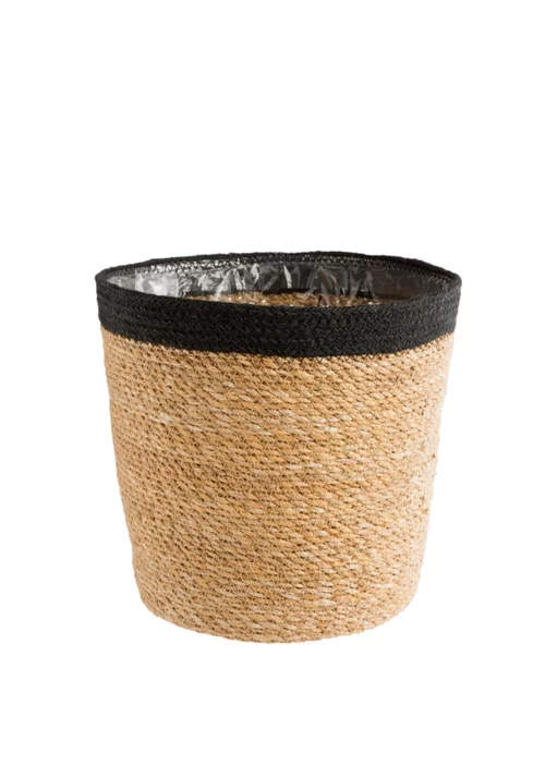 Cache-pot vannerie naturelle avec rebord noir coloris beige - 15 x 14 x 12 cm