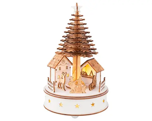 Village animé lumineux rond en contreplaqué avec sapin à 5 LED blanc chaud Dicken’s - Ø 15 x H 25 cm