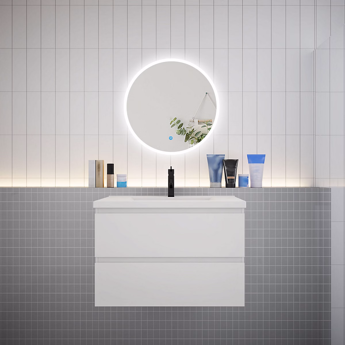 Ensemble meuble vasque L.80cm 2 tiroirs + lavabo + LED miroir rond 60cm – blanc,design