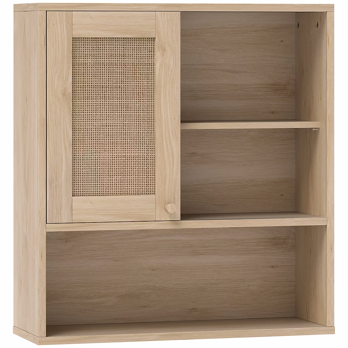 Armoire murale de salle de bain style cosy chic | porte coulissante rotin – étagère – niche – effet bois clair