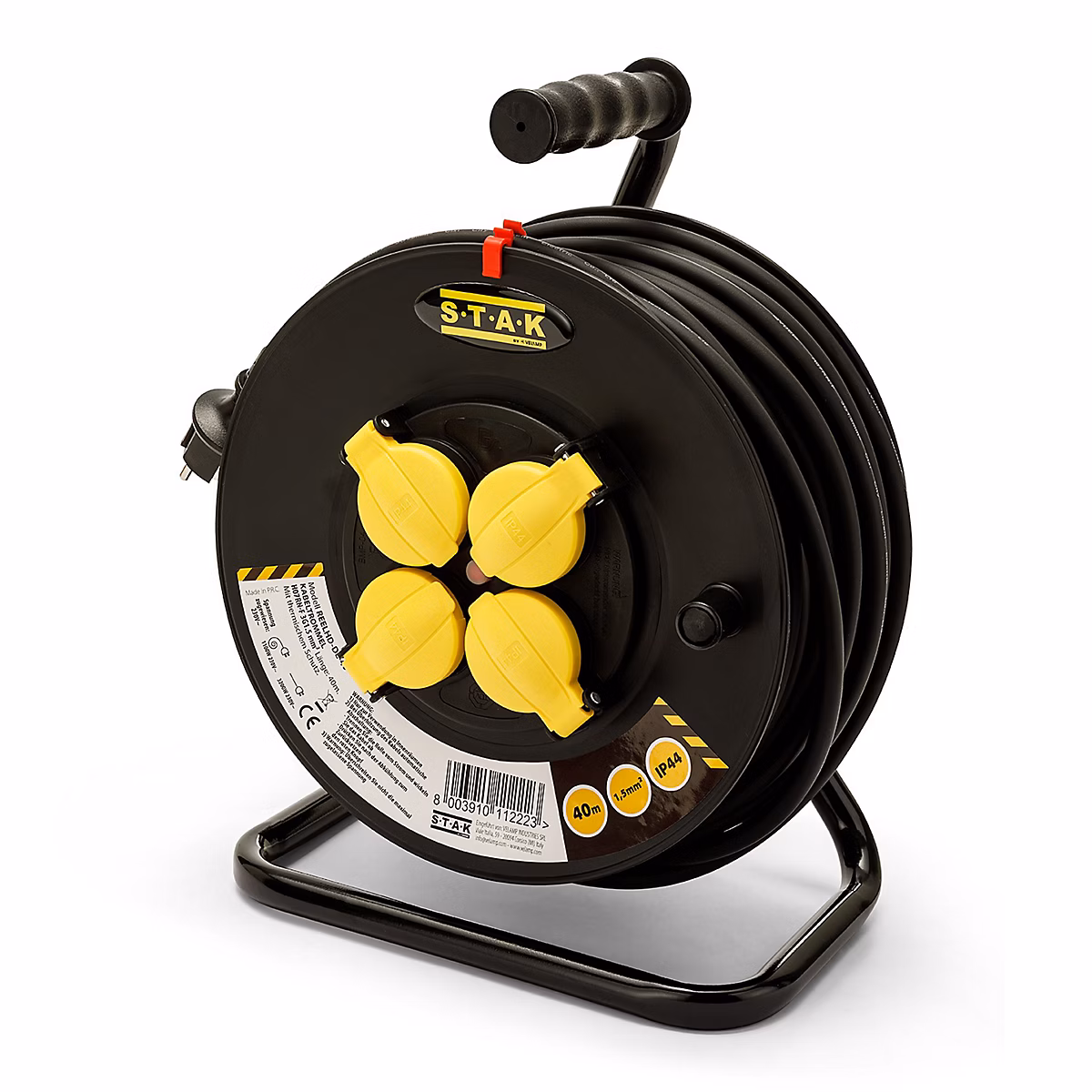 Enrouleur de câble électrique professionnel – 4 prises et fiche Schuko, H07RN-F3G1.5MM2, 40M , GS (TUV)- IP44.