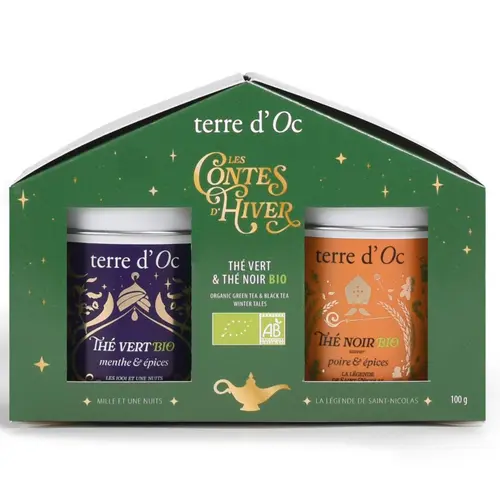 Duo thé vert menthe et thé noir poire épice bio les contes d'hiver Terre d'Oc - 100 g