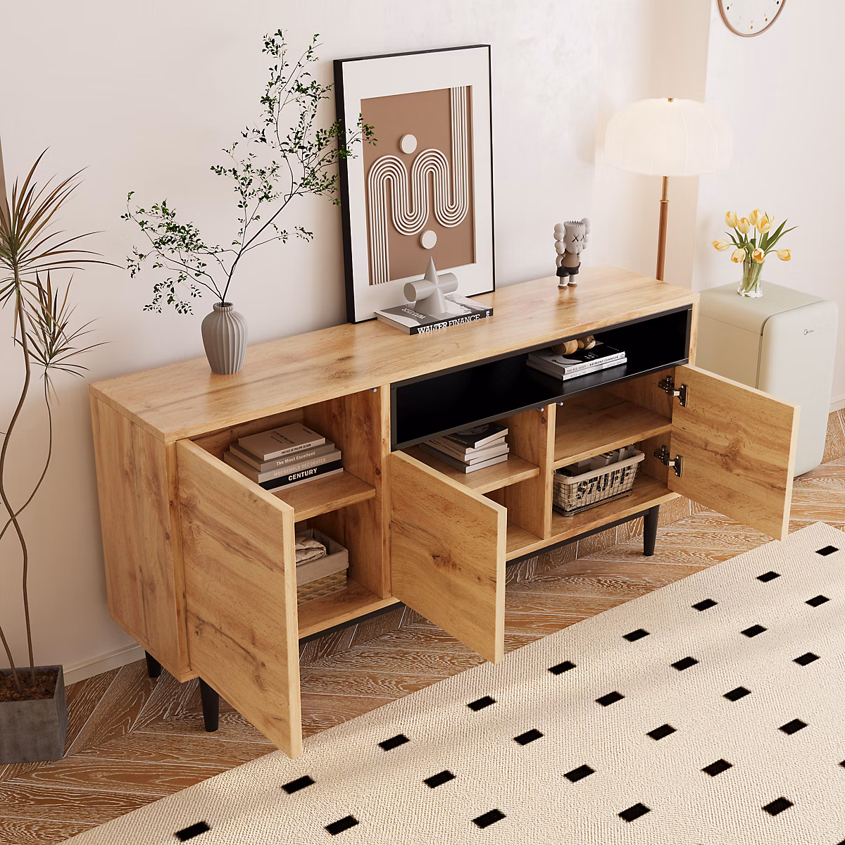 Buffet Moderne avec 3 Portes et Tiroirs – Bahut Contemporain de Salon en MDF et Panneaux Bois | 160 × 35 × 76 cm | Noir et Bois