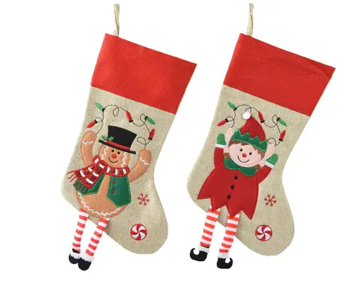 Chaussette à suspendre beige et rouge en polyester avec personnage - 40 x 25 cm