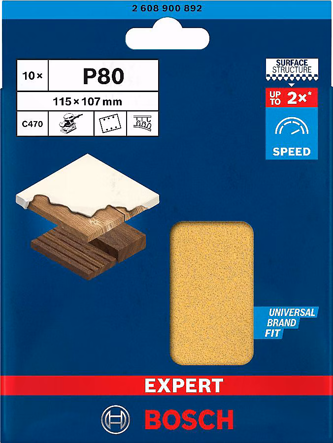 Abrasif rectangle C470 Expert Bosch 115 × 107 mm grain 40 – pack de 10 feuilles