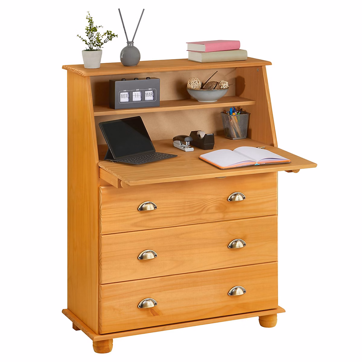 Bureau secrétaire GOMES avec 3 tiroirs en pin massif à la finition teintée/cirée – Réf. UOBIITPUV6363868574