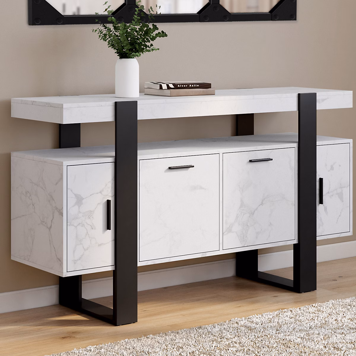 Meuble – Buffet 140 cm PHOENIX 4 portes effet marbre blanc ALASKA et noir