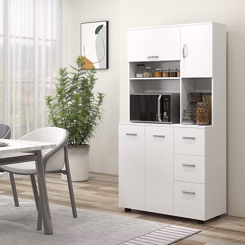 Meuble – Buffet de cuisine blanc 89 cm en bois avec 3 tiroirs et étagères réglables