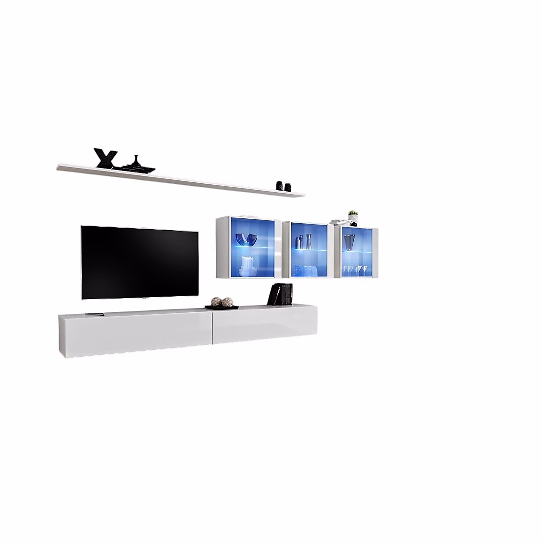 Composition murale SWITCH XVII Double meuble TV – cubes vitrés LED et étagères Blanc brillant Design moderne