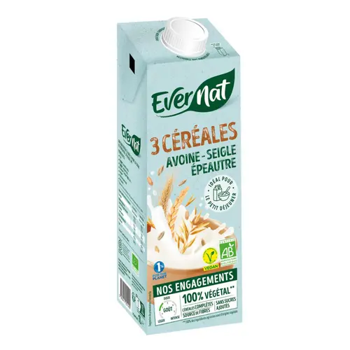 Boisson 3 céréales bio avoine, seigle, épeautre Evernat - 1 L