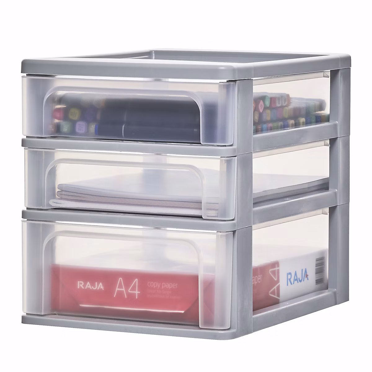 Caisson de rangement plastique A4 – 3 Tiroirs Mix, Gris, OCH-2021, Iris Ohyama